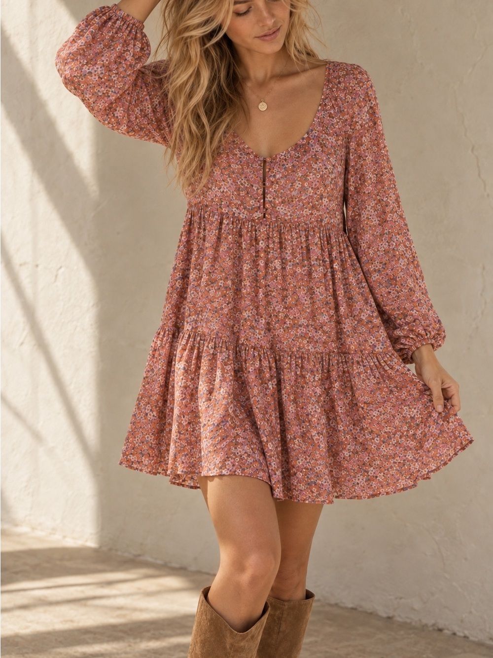 Ditsy Floral Babydoll Mini Dress M Tiered Long Sleeve Pink Boho Romantic Cottage